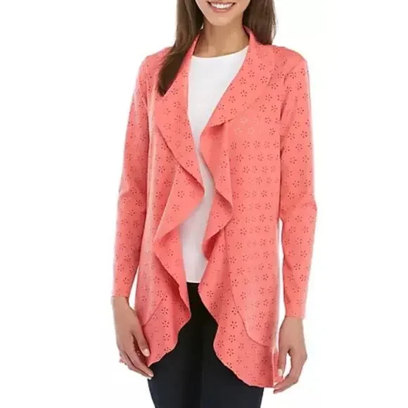 New Cupio Peach Solid Ruffle Scuba Floral Eyelet Open Front Blazer Jacket Large - Picture 1 of 15